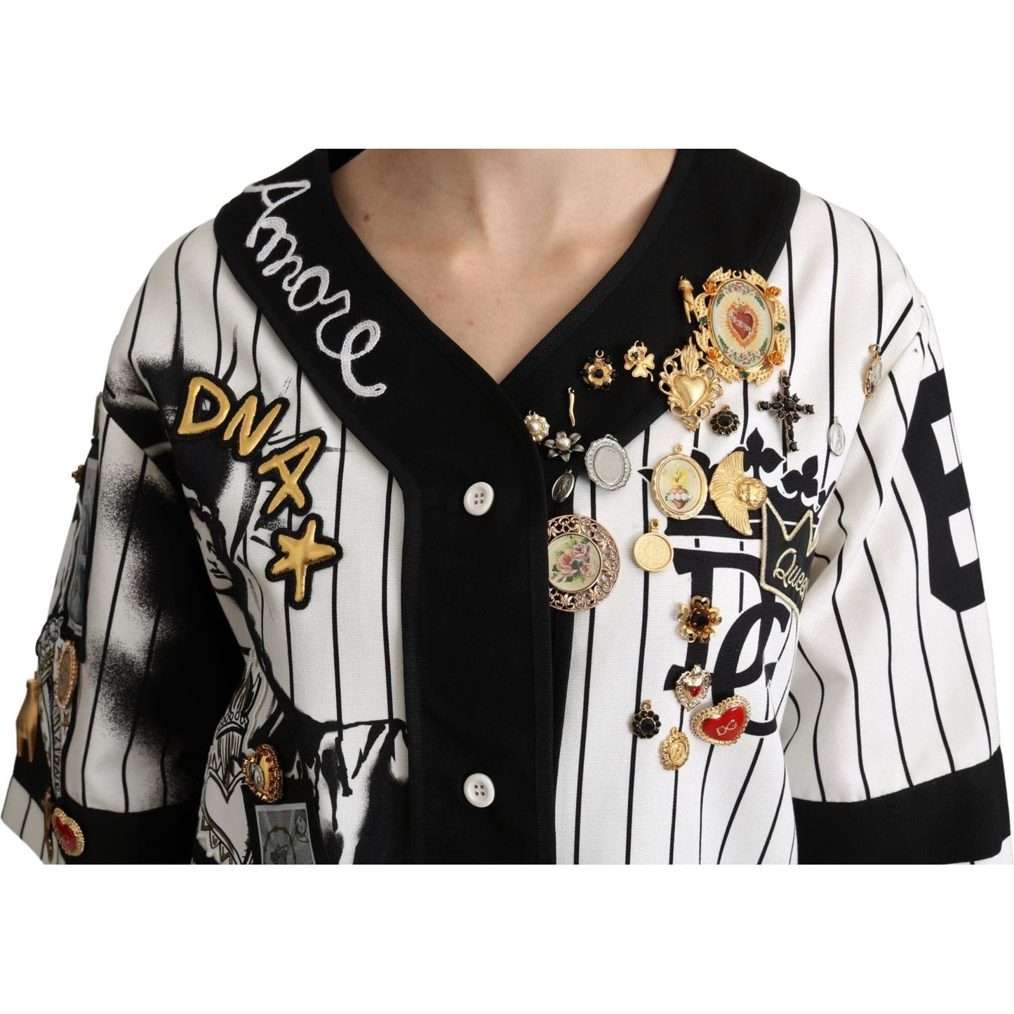 Dolce & Gabbana Elegant Striped V-Neck Charm Blouse Dolce & Gabbana Light Gray