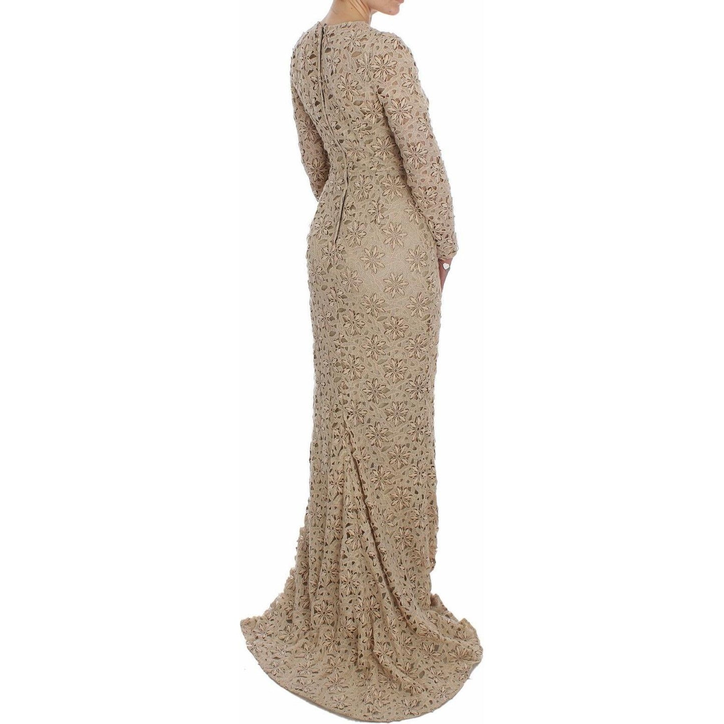 Dolce & Gabbana Beige Floral Lace Long Sleeve Maxi Dress Dolce & Gabbana Rosy Brown