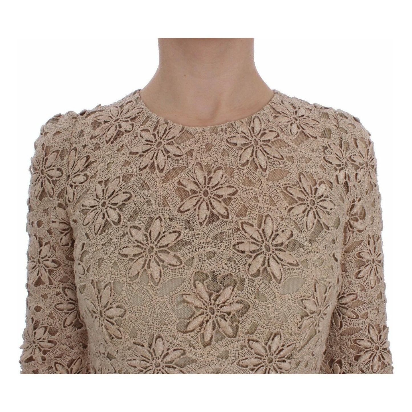 Dolce & Gabbana Beige Floral Lace Long Sleeve Maxi Dress Dolce & Gabbana Rosy Brown
