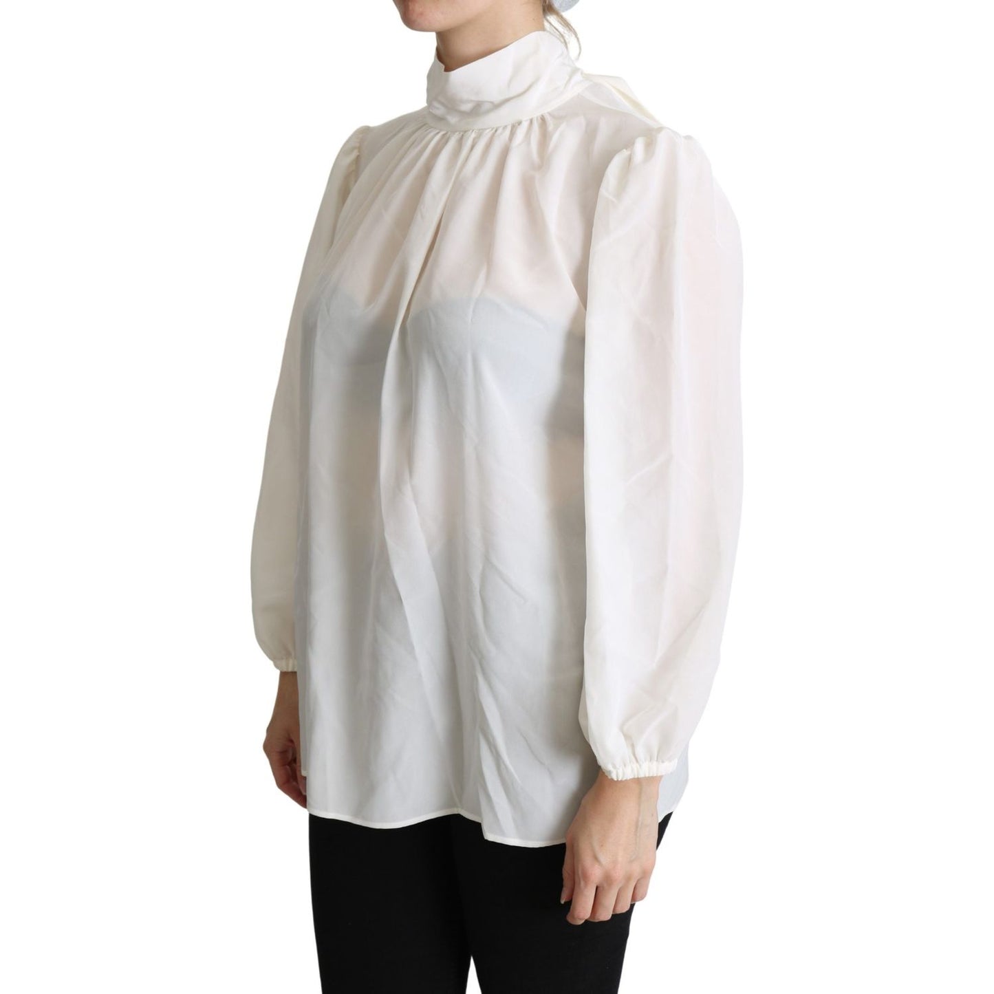 Dolce & Gabbana Elegant White Silk Pussy Bow Blouse Dolce & Gabbana Gray