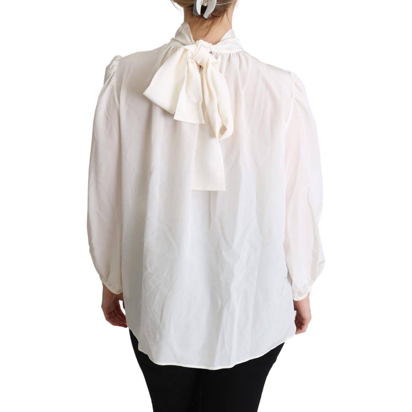 Dolce & Gabbana Elegant White Silk Pussy Bow Blouse Dolce & Gabbana Light Gray