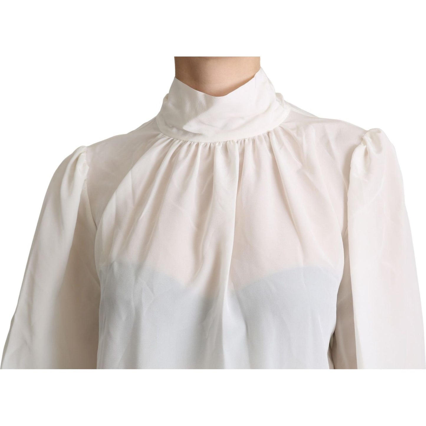 Dolce & Gabbana Elegant White Silk Pussy Bow Blouse Dolce & Gabbana Light Gray
