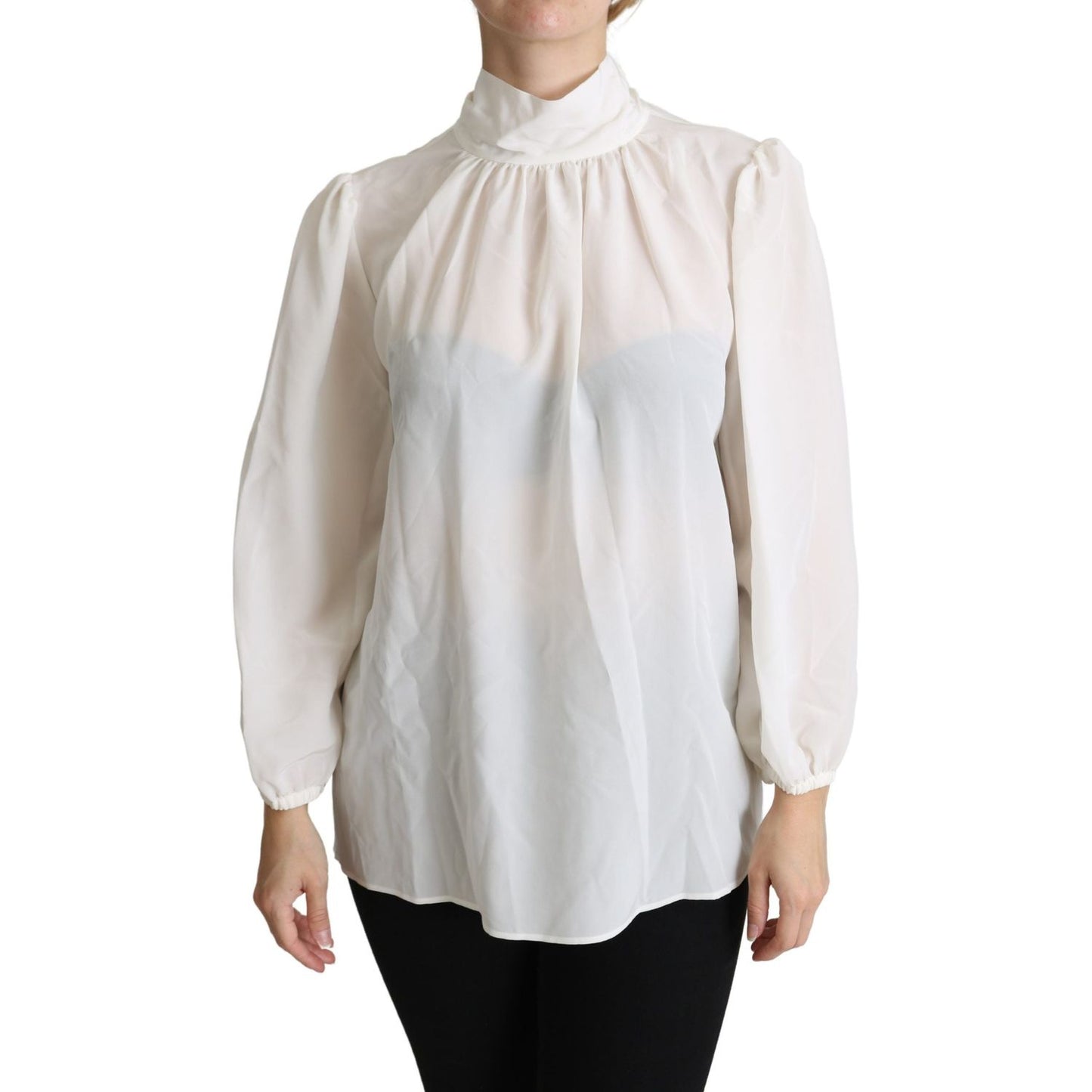 Dolce & Gabbana Elegant White Silk Pussy Bow Blouse Dolce & Gabbana Light Gray