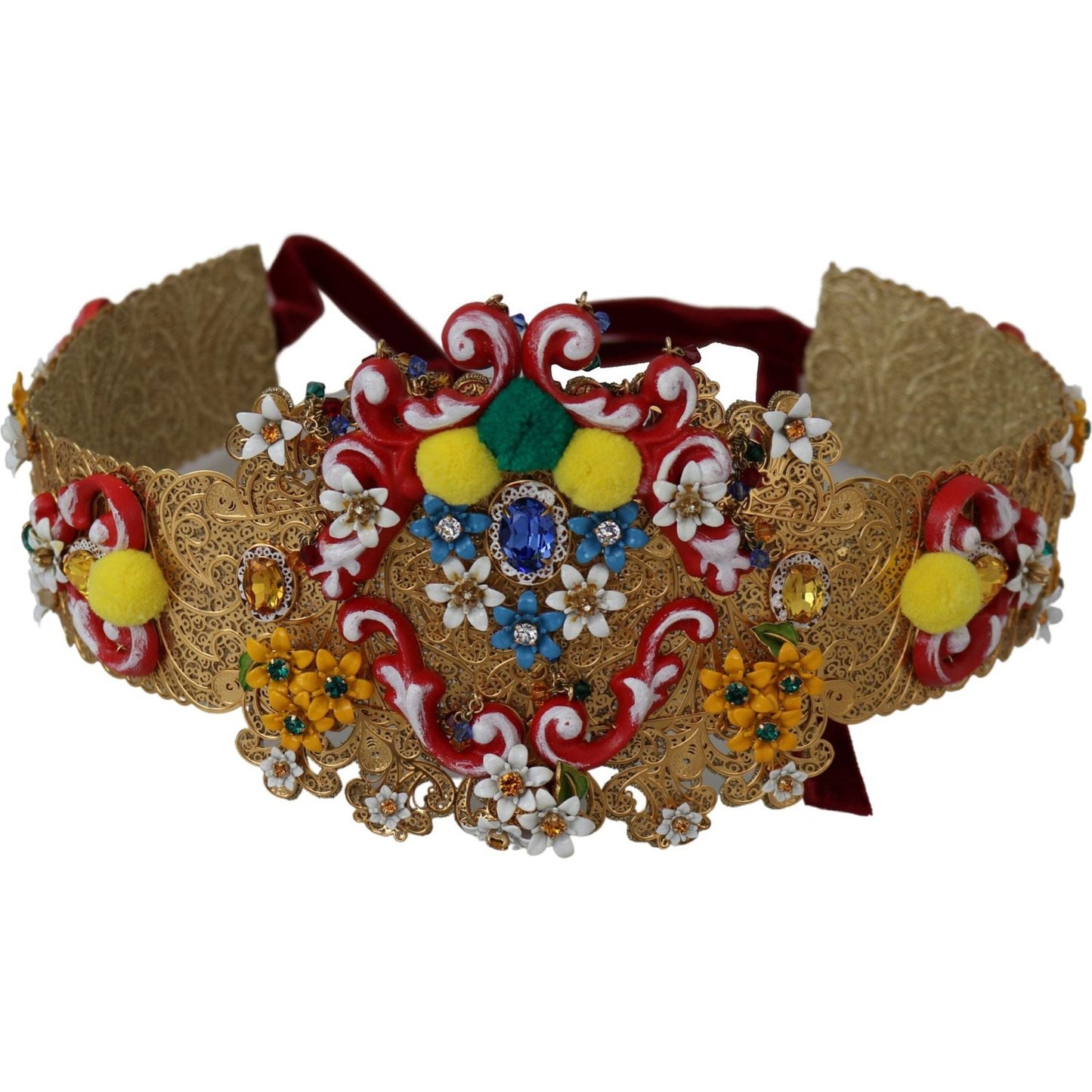 Dolce & Gabbana Gold-Tone Floral Crystal Waist Belt Belt Dolce & Gabbana Saddle Brown