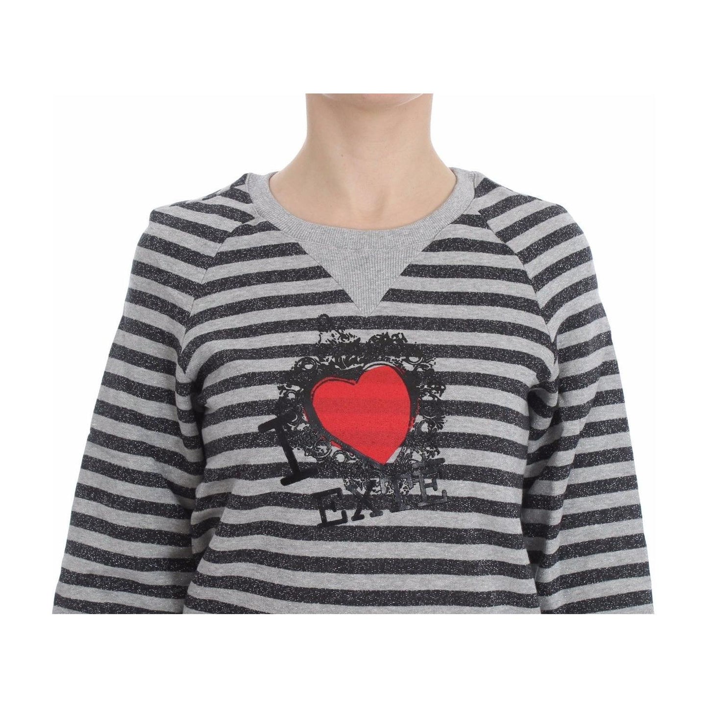 Exte Chic Gray Striped Crew-Neck Sweater Exte Dark Gray