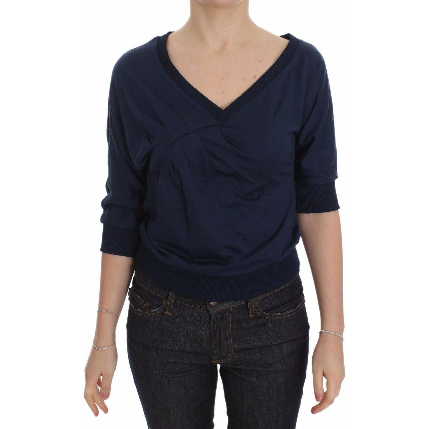 Exte Elegant Deep V-Neck Sweater in Blue Exte Tan