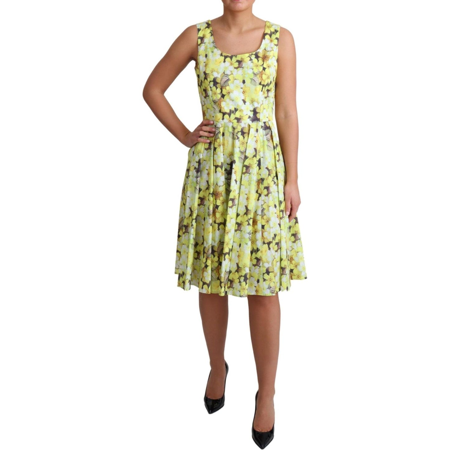 Dolce & Gabbana Elegant Yellow Floral A-Line Sleeveless Dress Dolce & Gabbana Dark Khaki