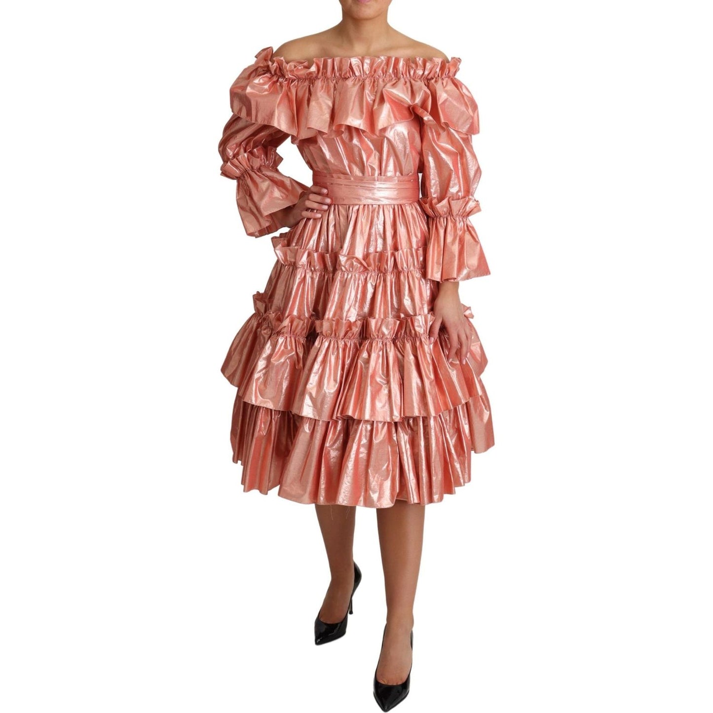 Dolce & Gabbana Pink Metallic Ruffled Gown Elegance Dolce & Gabbana Rosy Brown