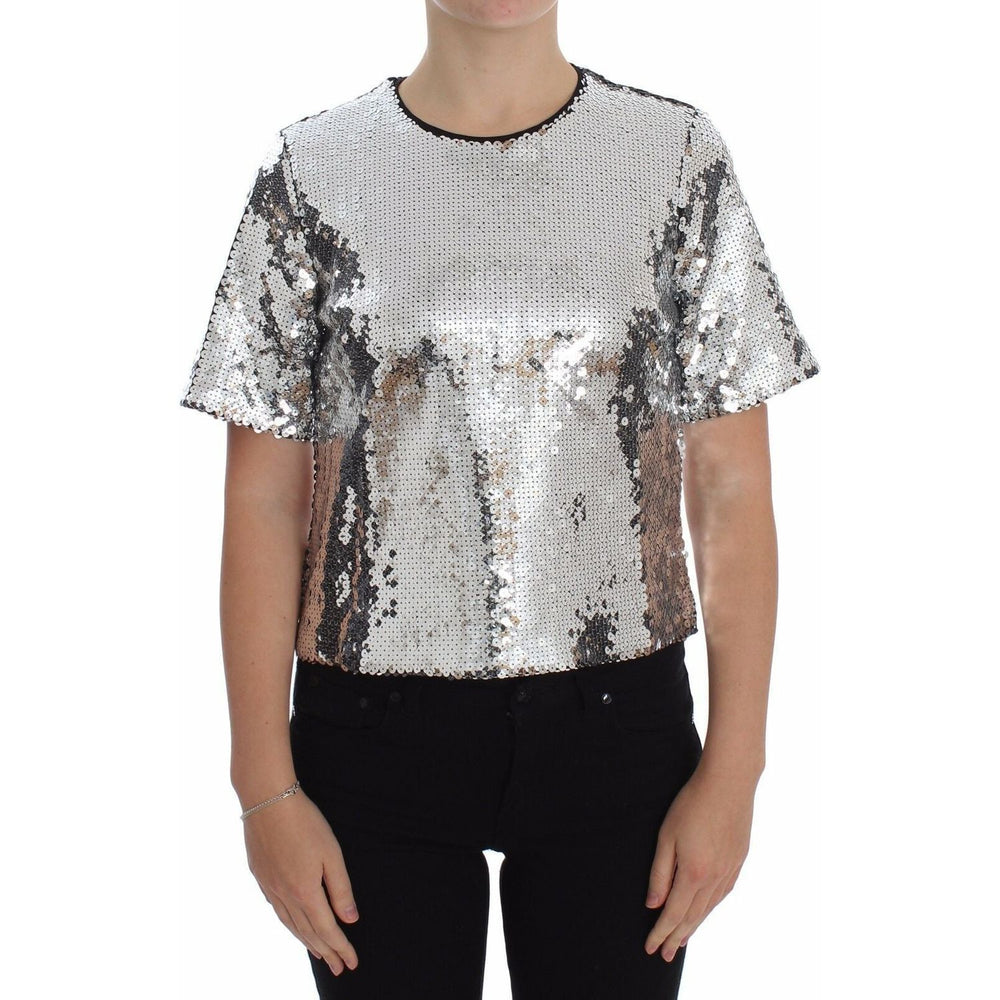 Dolce & Gabbana Silver Sequined Crewneck Blouse T-shirt Top SIG20502-40