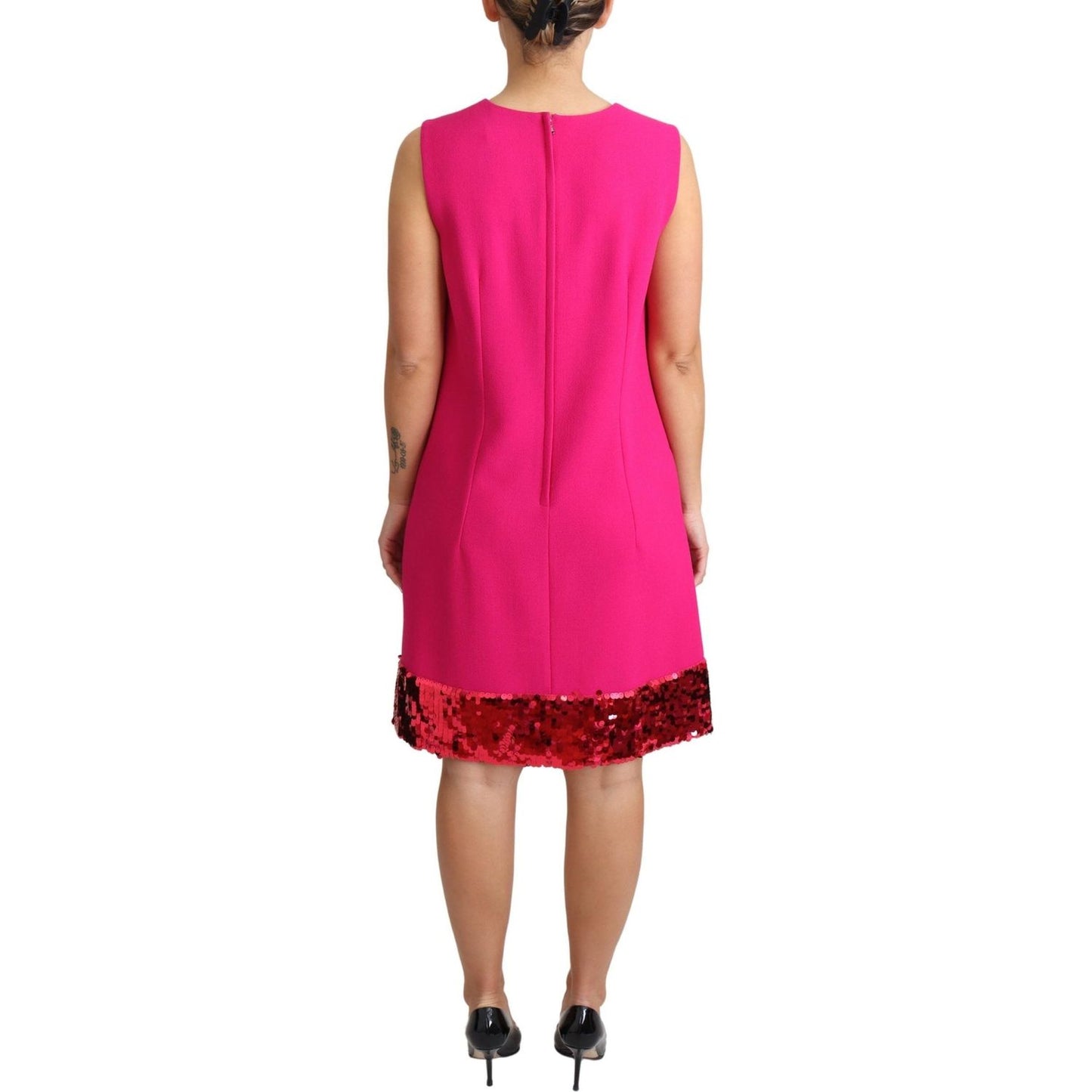 Dolce & Gabbana Elegant Fuchsia Sequined Wool Blend Shift Dress Dolce & Gabbana Maroon