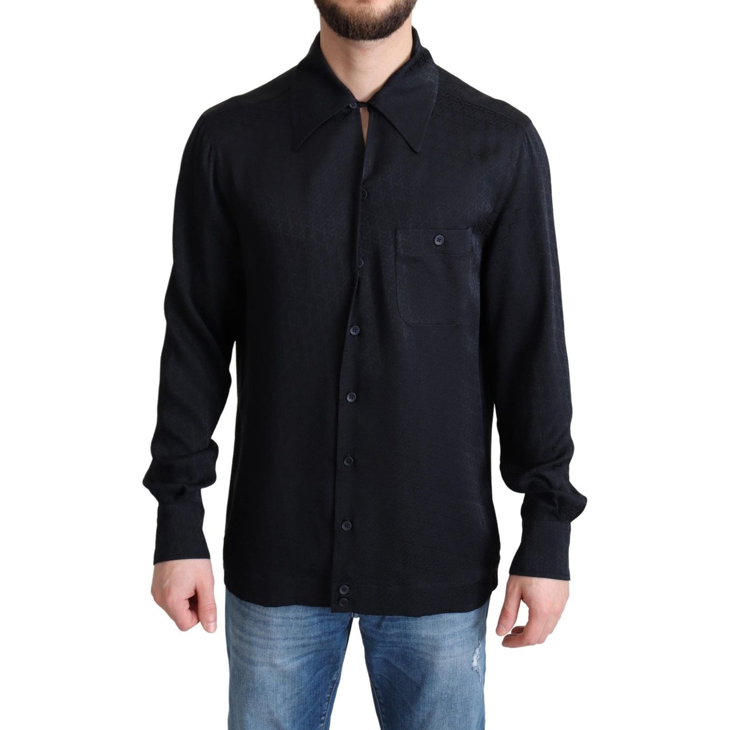 Dolce & Gabbana Black Jacquard Silk Casual Button Down Shirt TSH6176 -37