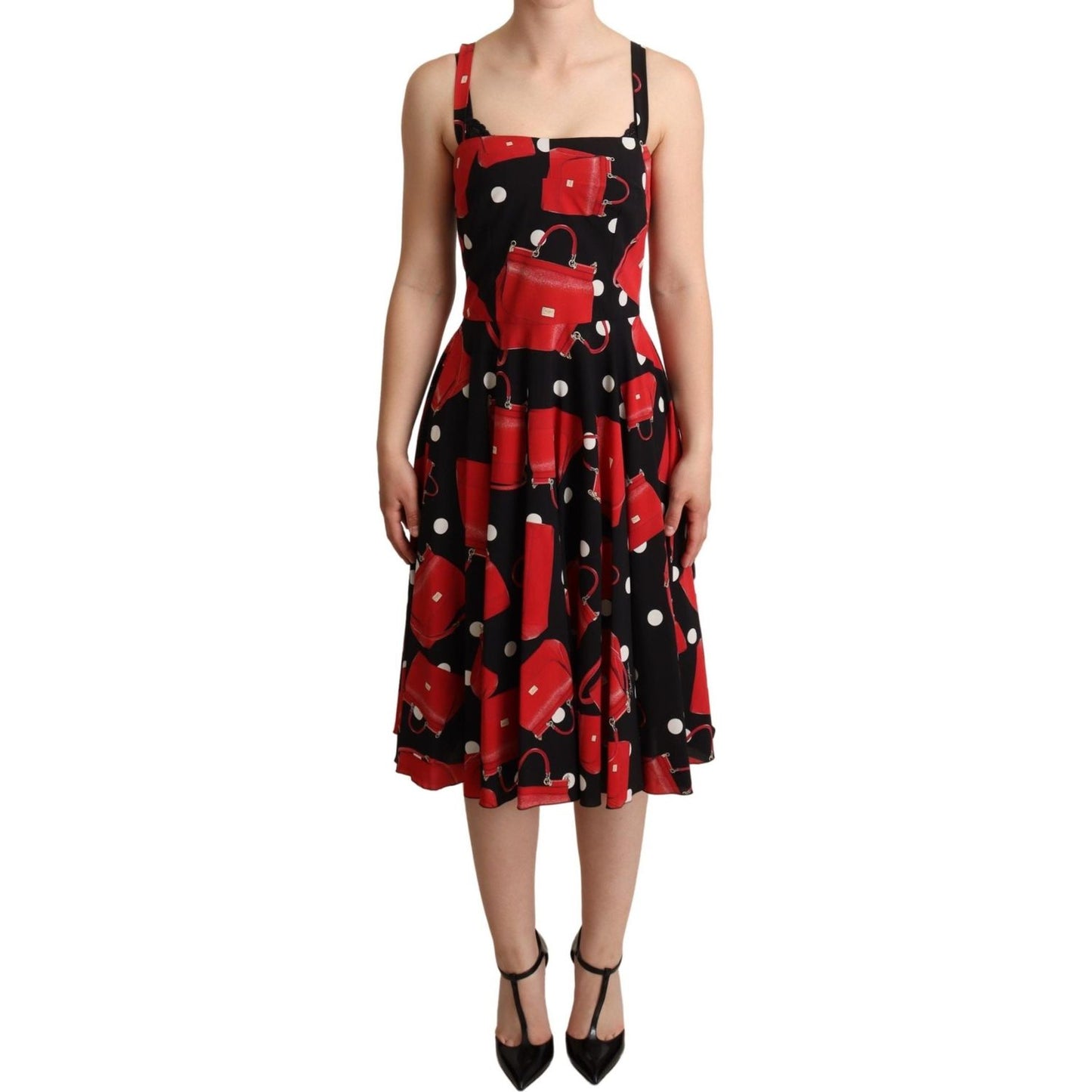 Dolce & Gabbana Black Red Bag Print A-line Mid Length Dress DR28087 -36
