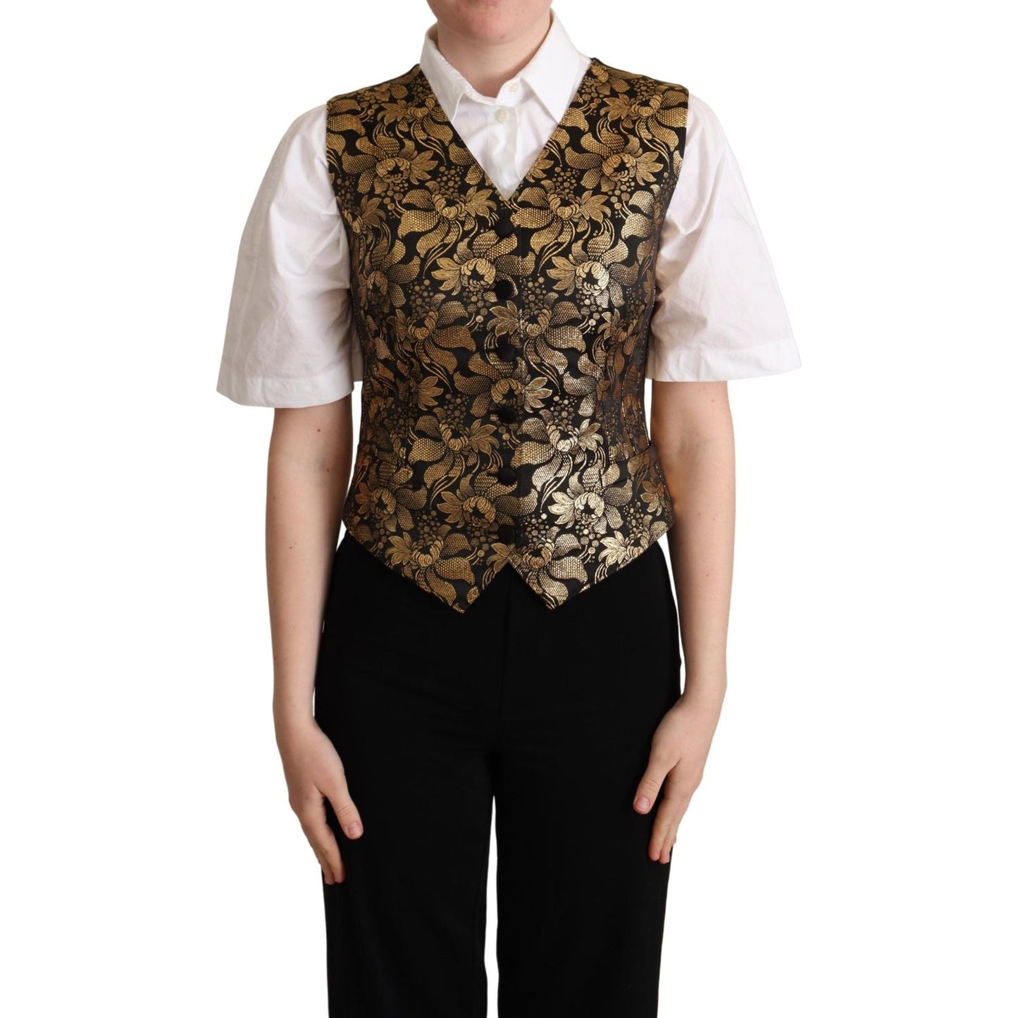 Dolce & Gabbana Black Gold Jacquard Silk Waistcoat Vest TSH6001-42
