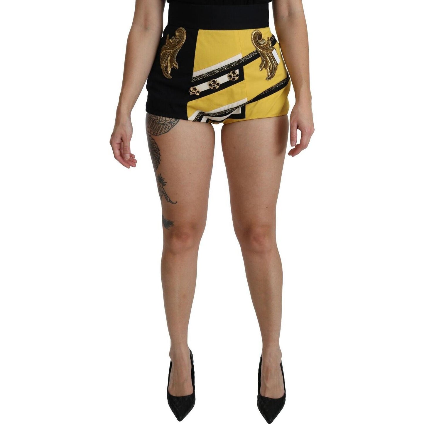 Dolce & Gabbana Embroidered Crystal High Waist Mini Shorts Shorts Dolce & Gabbana Dim Gray