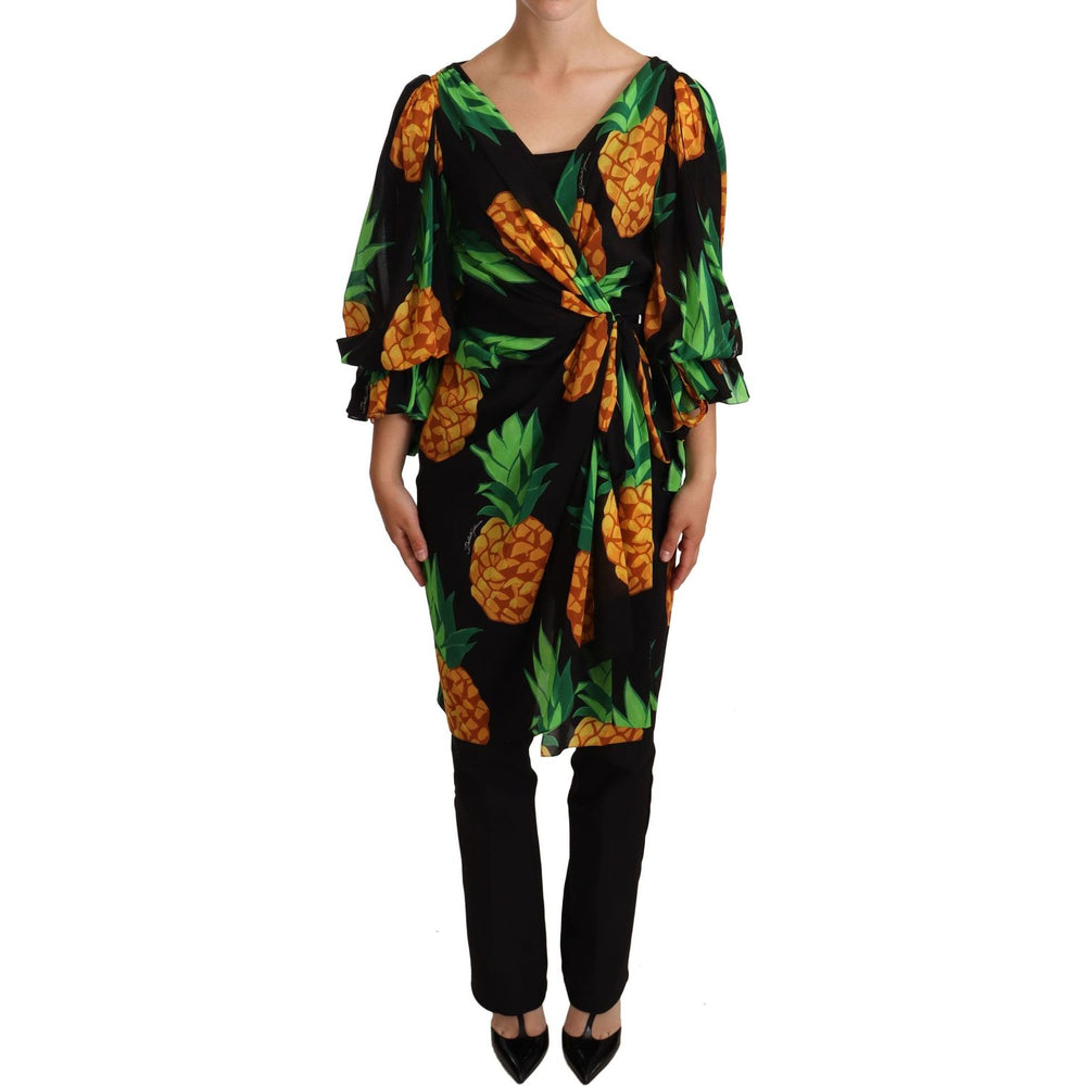 Dolce & Gabbana Black Ananas Print Wrap Stretch Silk Dress DR28157 -36
