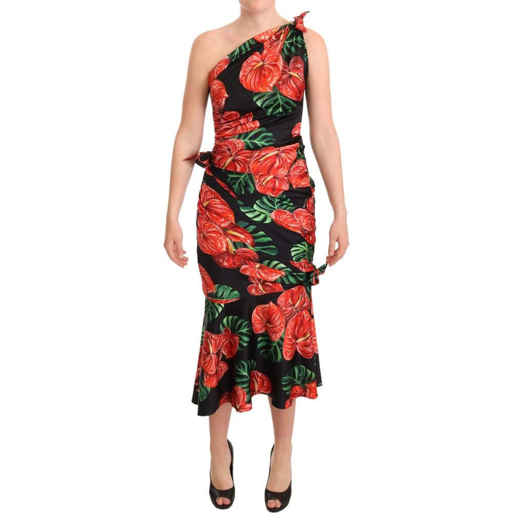 Dolce & Gabbana Black Shiny Silk Floral Print Draped Dress DR28184-38