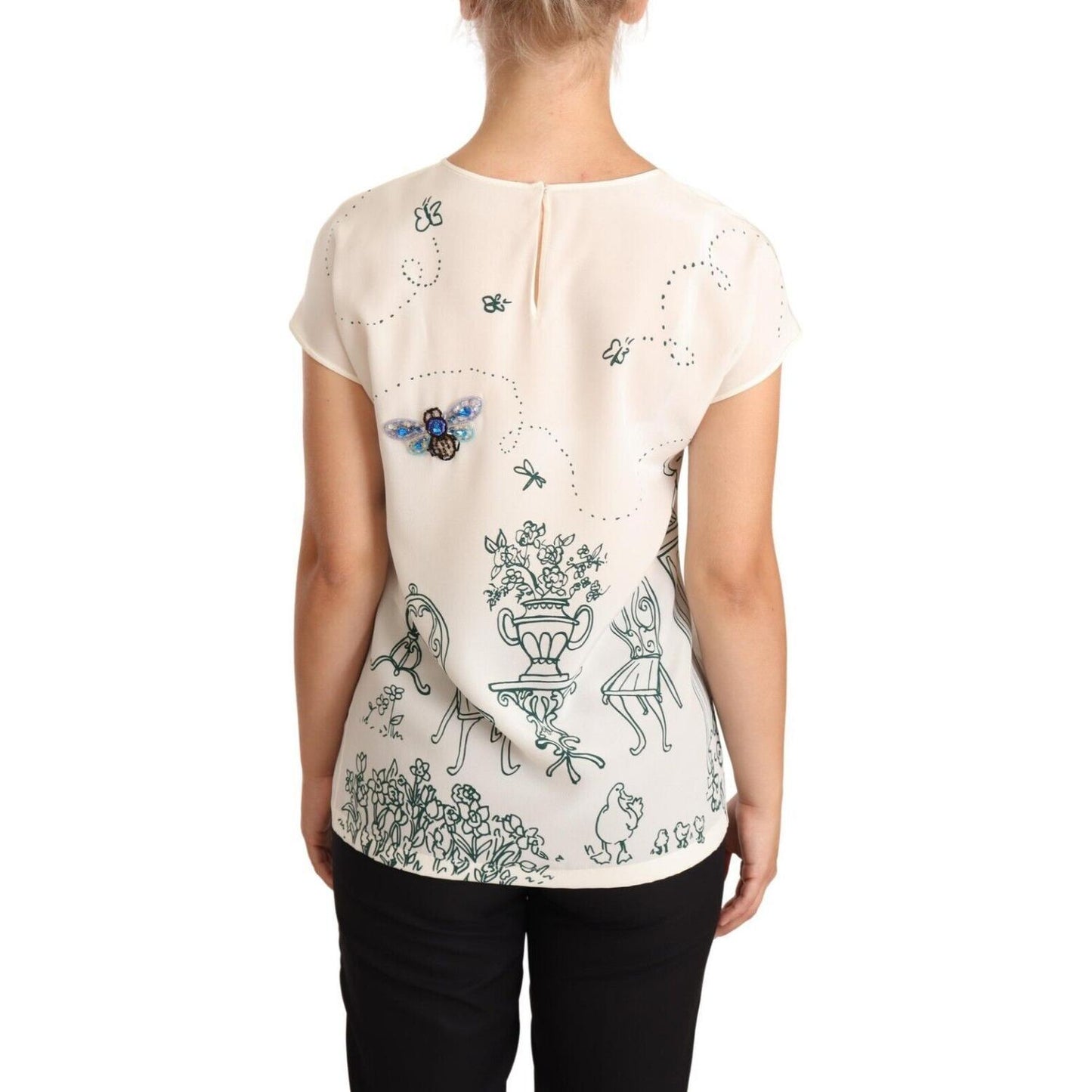 Dolce & Gabbana Elegant Silk Botanical Garden Fountain Tee Blouse Top Dolce & Gabbana Black
