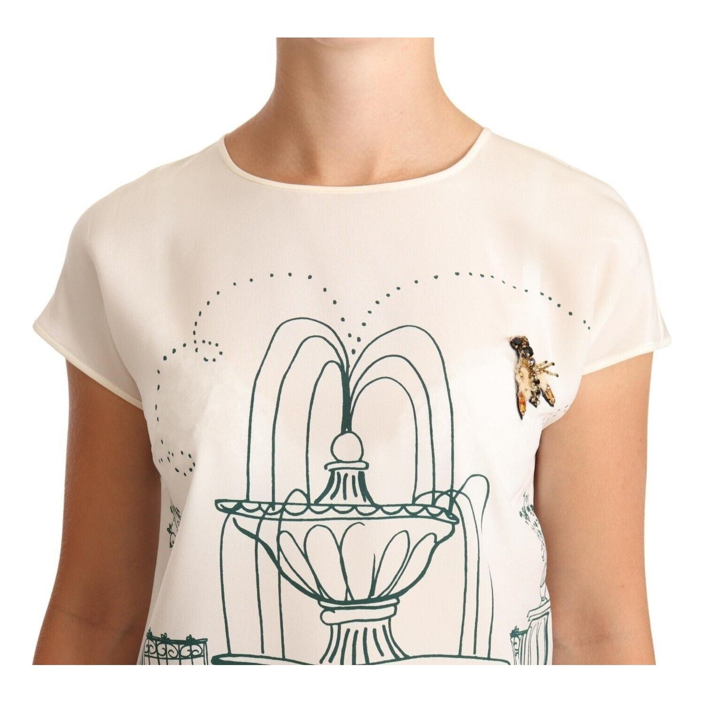 Dolce & Gabbana Elegant Silk Botanical Garden Fountain Tee Blouse Top Dolce & Gabbana Antique White