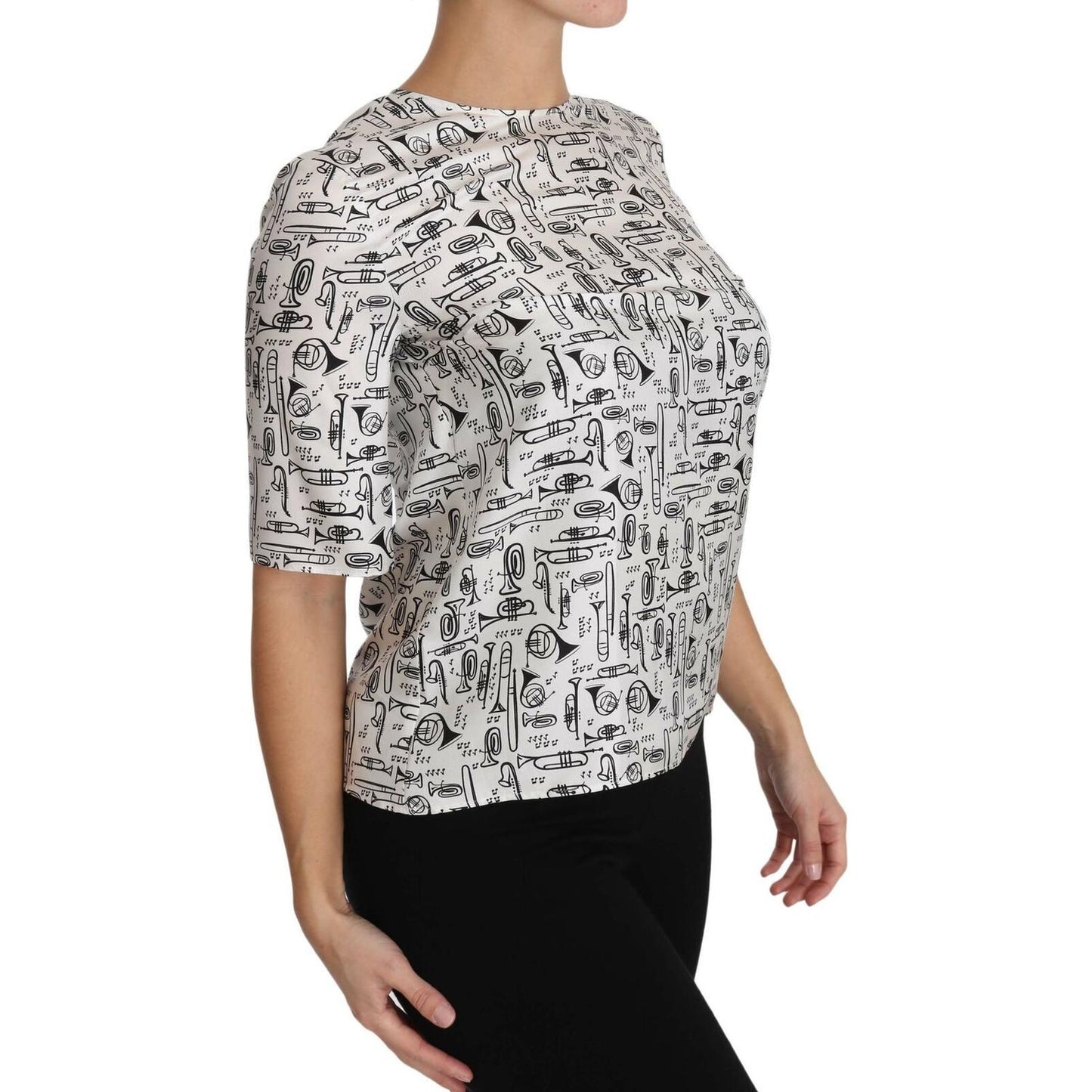 Dolce & Gabbana Elegant Trumpet Print Silk Blouse Top Blouse Top Dolce & Gabbana Gray