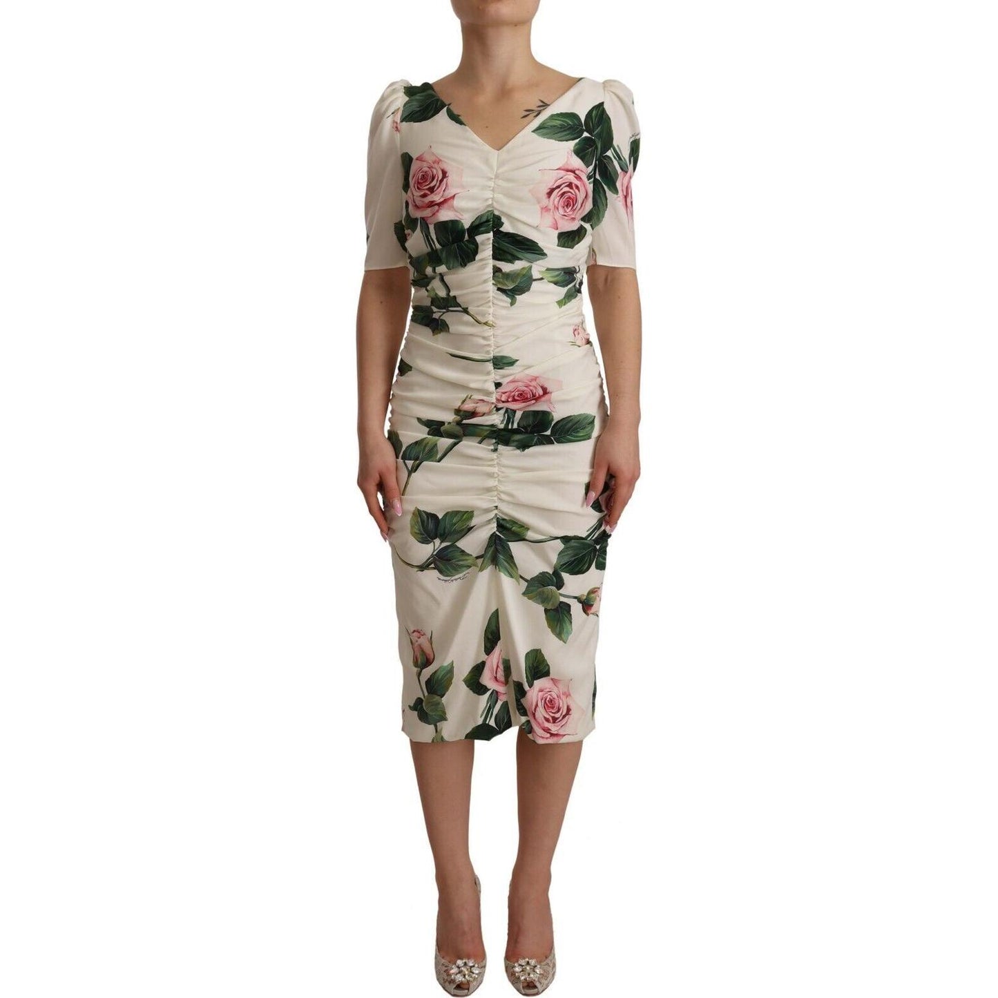 Dolce & Gabbana Elegant White Floral Sheath Dress Dress Dolce & Gabbana Rosy Brown