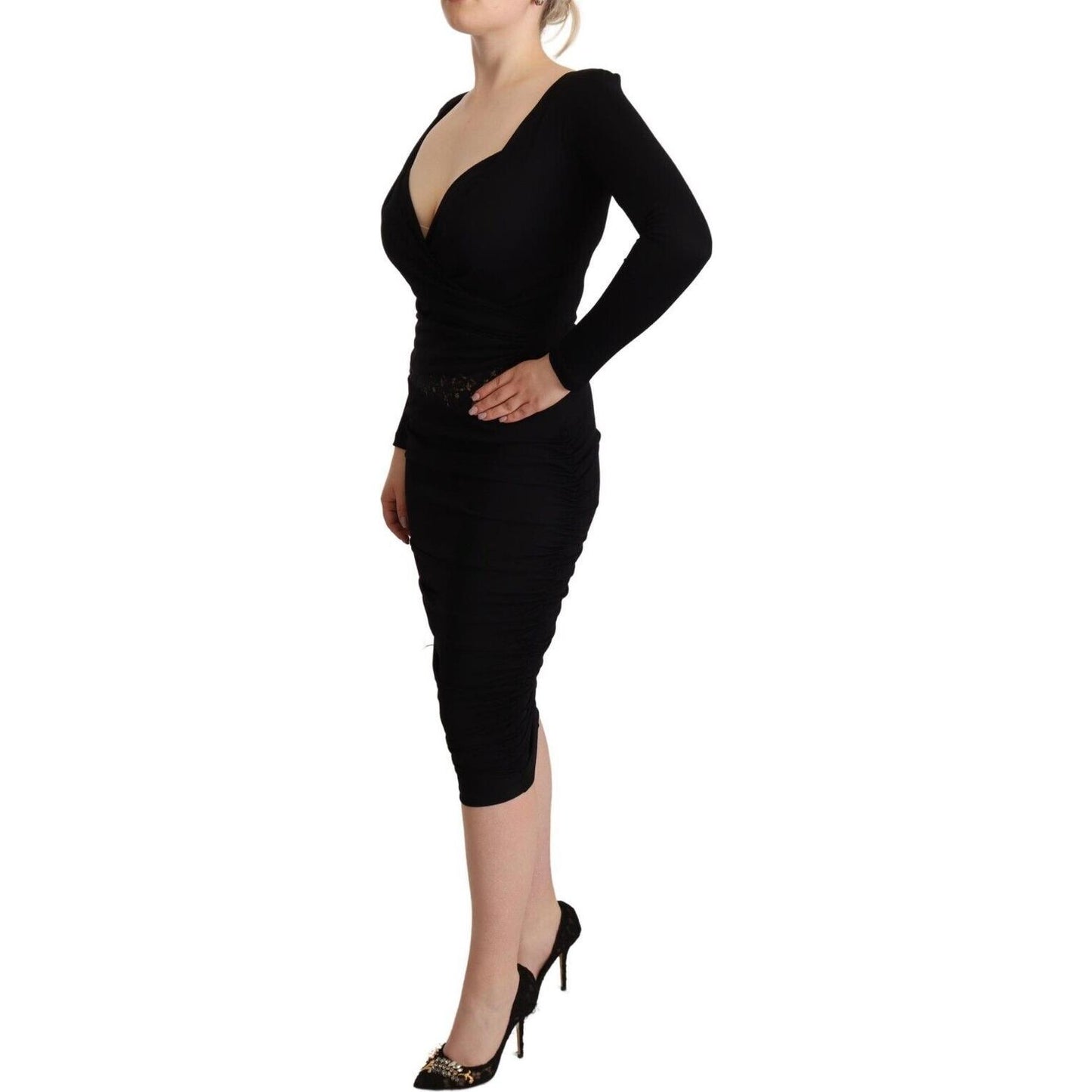 GF Ferre Black Long Sleeves Sweetheart Neck Midi Dress DR28585 - 40