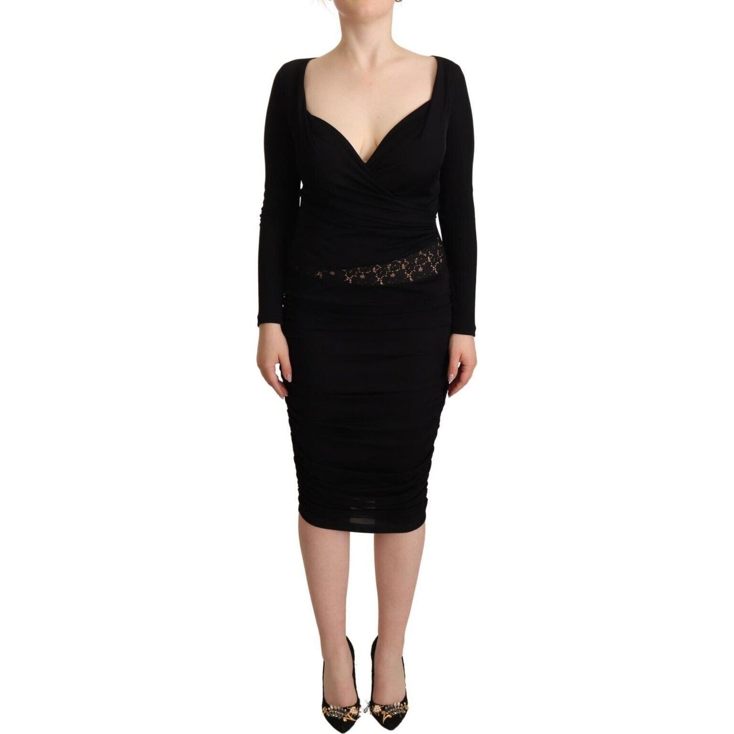 GF Ferre Black Long Sleeves Sweetheart Neck Midi Dress DR28585 - 40