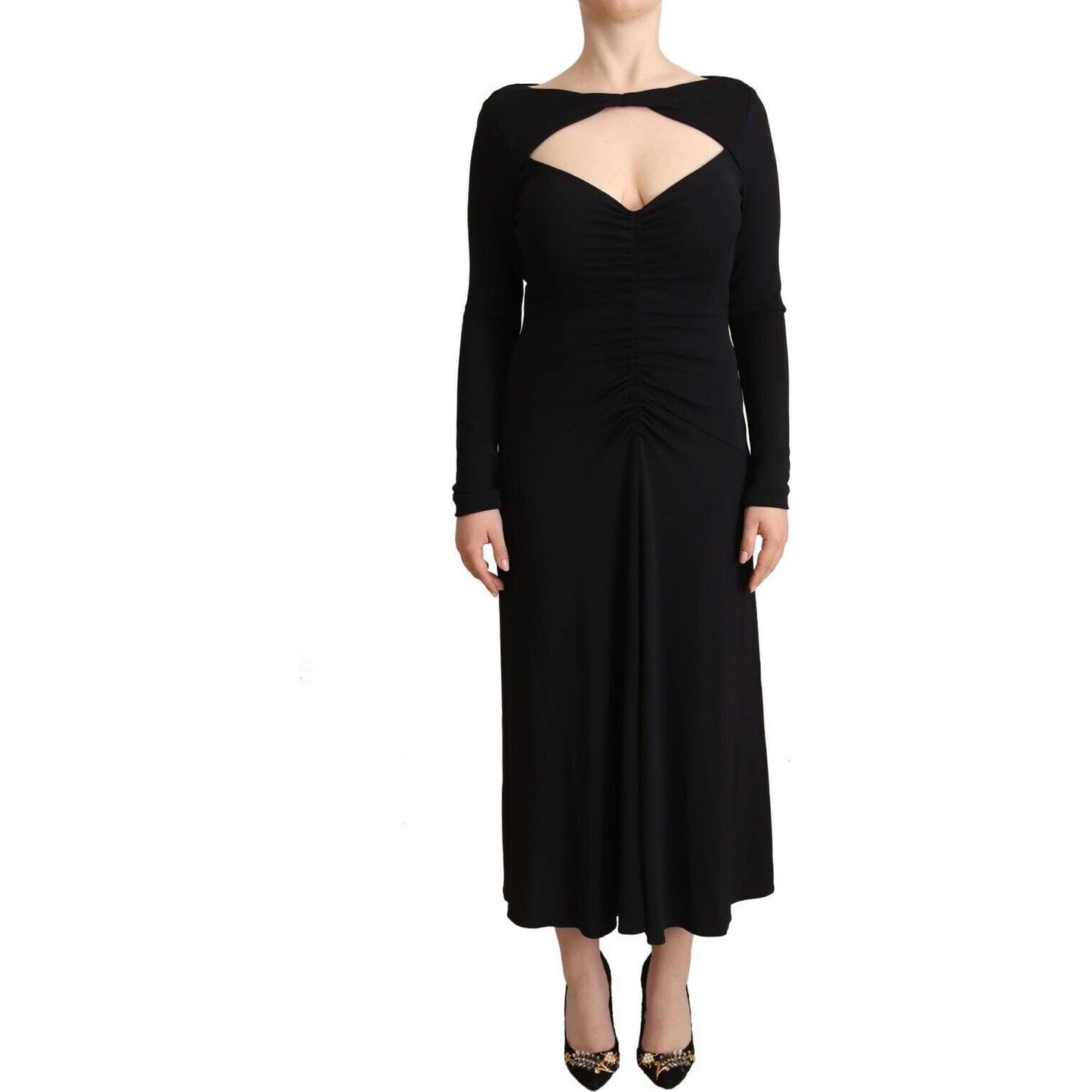 PINKO Black Nylon Stretch Long Sleeves Deep V-neck Maxi Dress DR28607 - 40