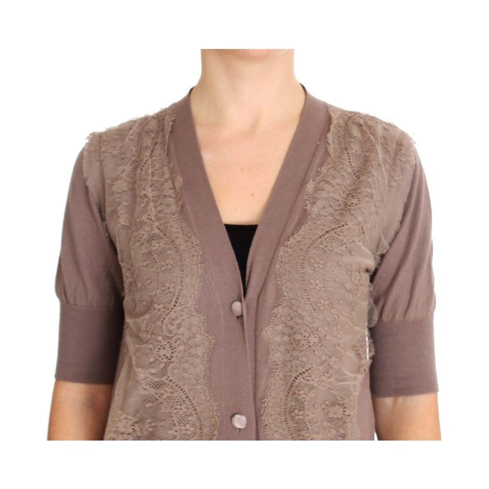 PINK MEMORIES Elegant Purple Cotton Lace Cardigan Sweater PINK MEMORIES Rosy Brown