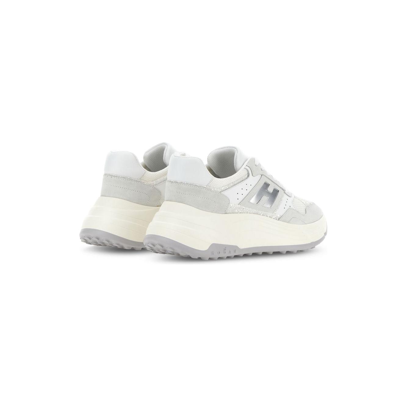 HOGAN PRE white sneakers, silver-tone leather, suede, lace-up, padded ankle, embossed logo, rubber sole, 2.6in heel, 1.2in platform.
