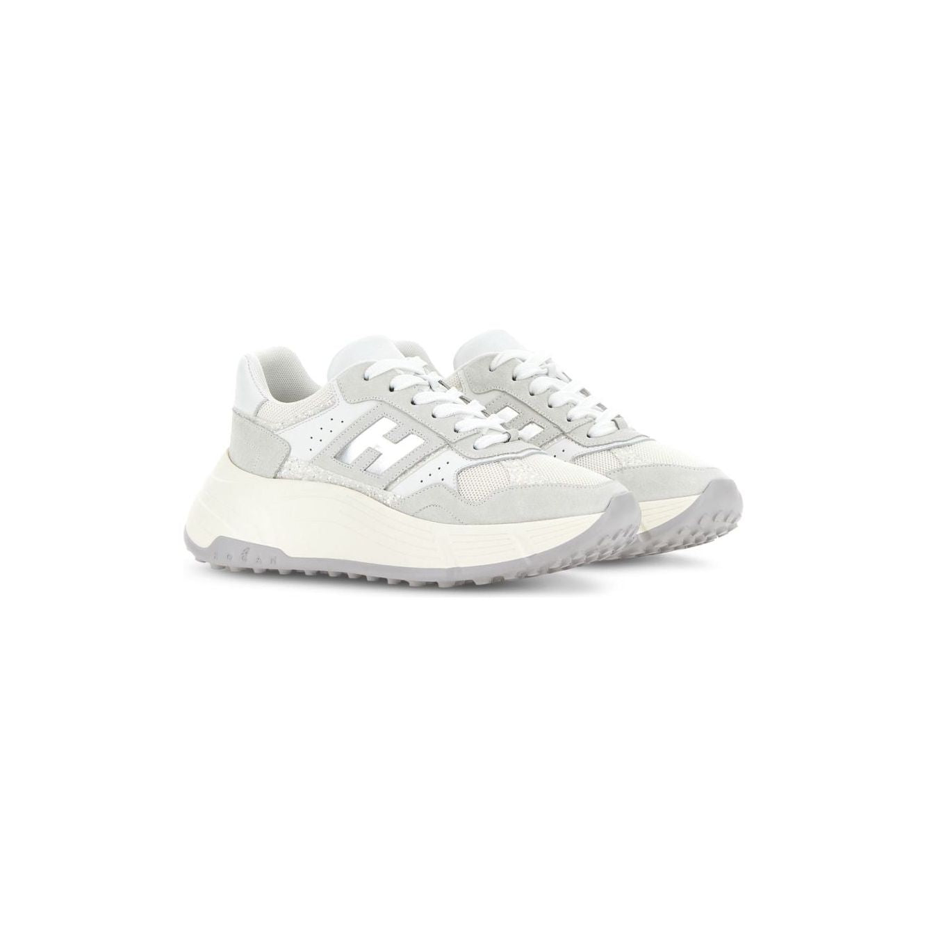 HOGAN PRE white sneakers with silver-tone leather, lace-up fastening, padded ankle, perforated design, round toe, and rubber sole.