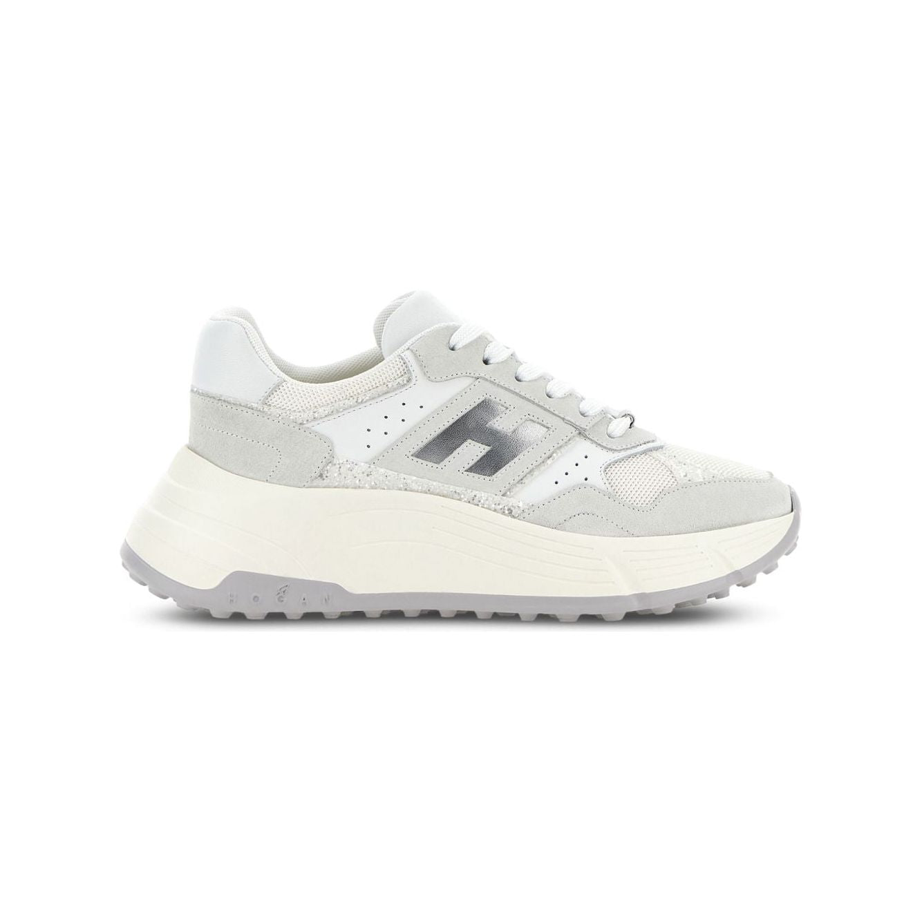 White and silver-tone Hogan Pre sneakers with lace-up front, padded ankle, perforated design, embossed logo, round toe, and rubber sole.