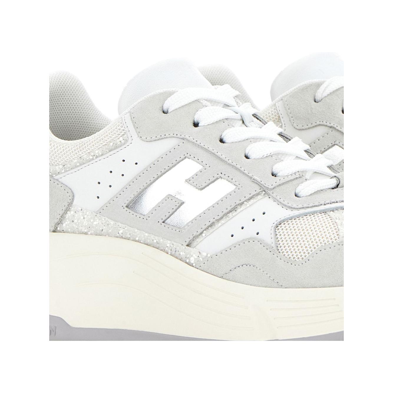 HOGAN PRE white sneakers with silver-tone leather, suede, lace-up design, embossed logo, and high rubber sole.