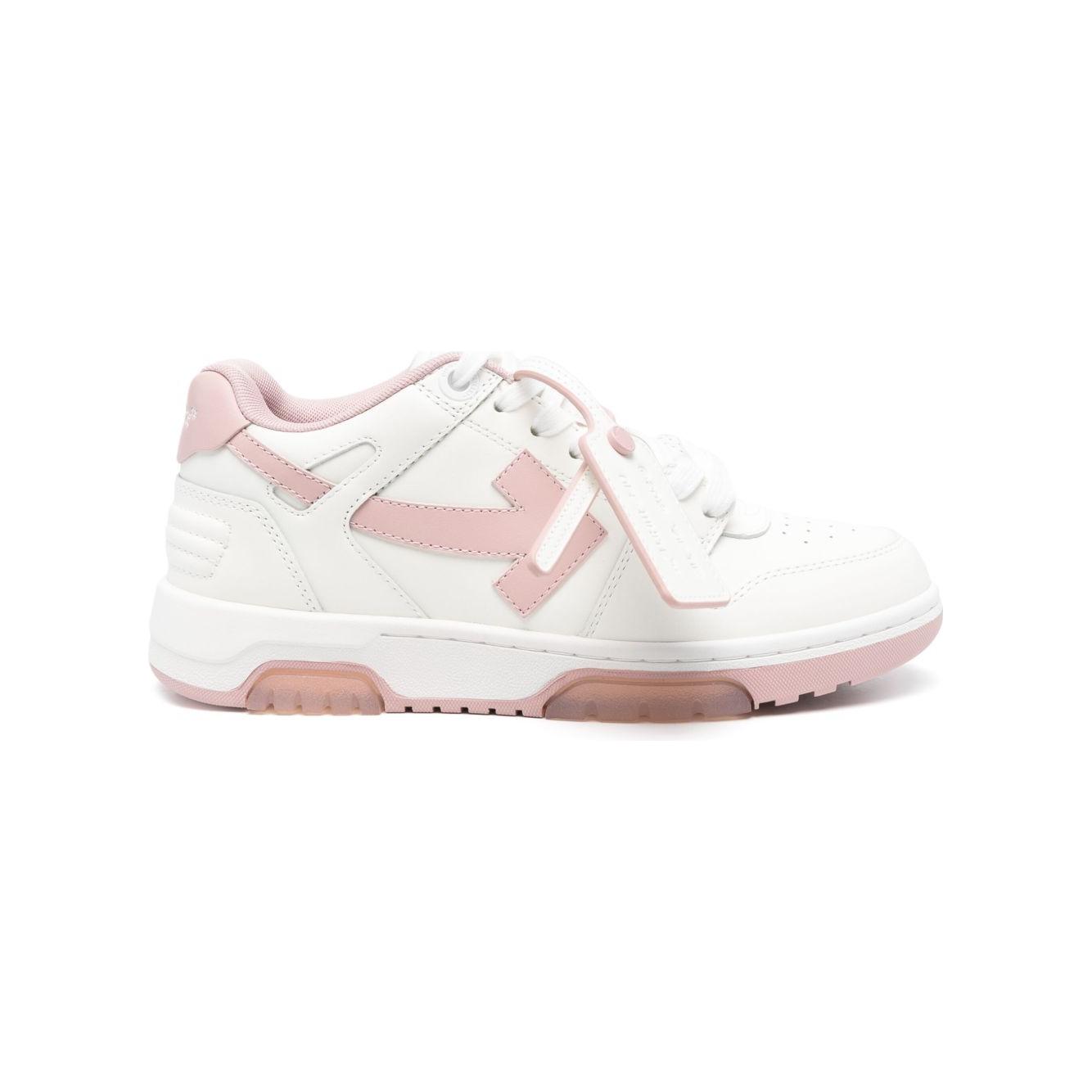 Off White Out Of Office sneakers in white with pink accents, featuring a lace-up front and branded heel counter.
