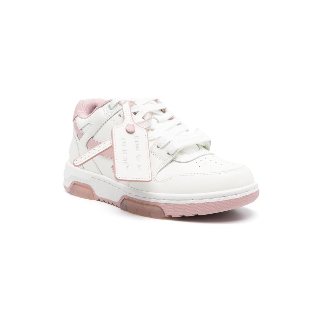 Off White Out Of Office sneakers with white lace-up, branded heel, signature Arrows, and a logo tag. Features 3 cm heel.