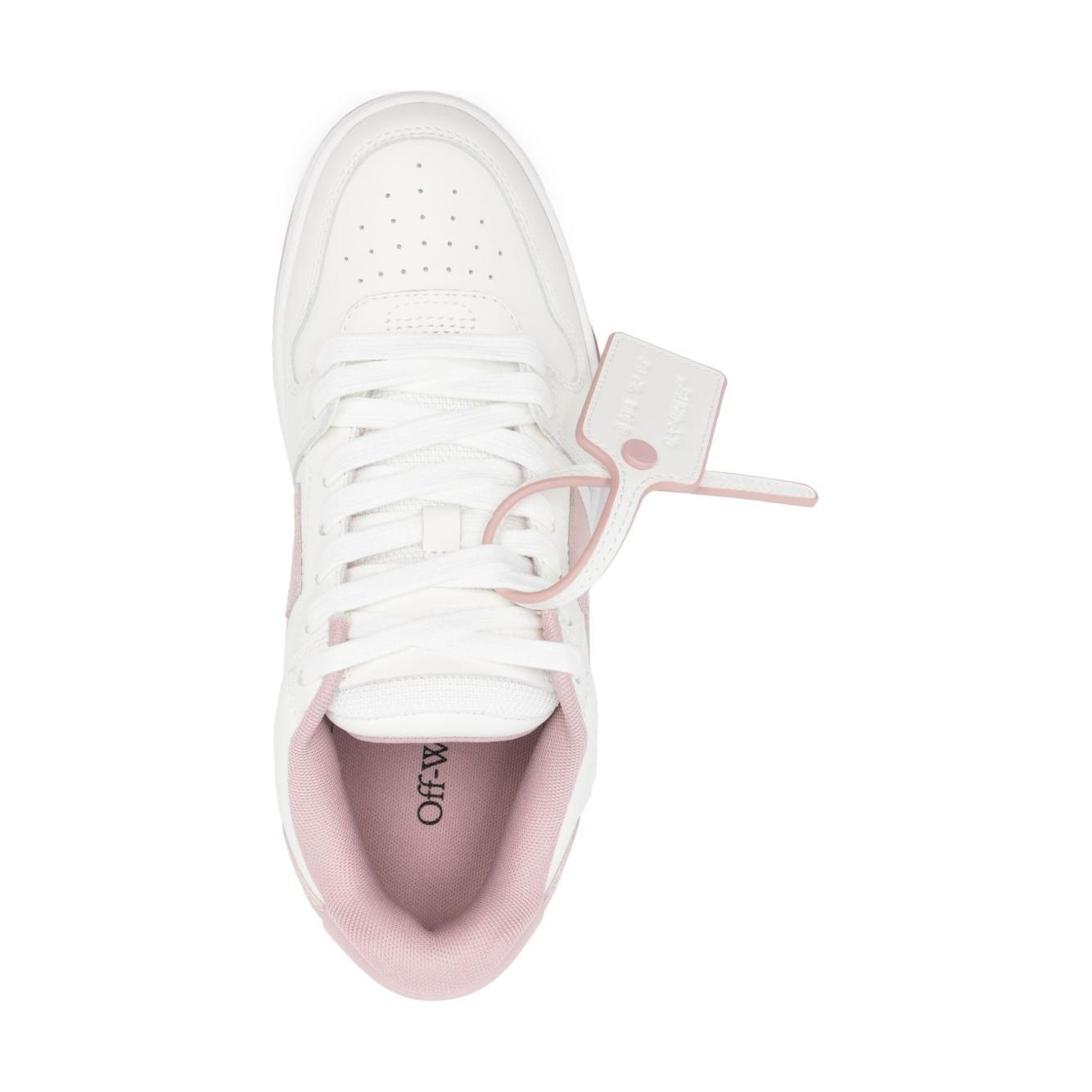 Top view of Off White Out Of Office sneakers with white lace-up and pink branded tag, featuring signature arrows motif on heel.
