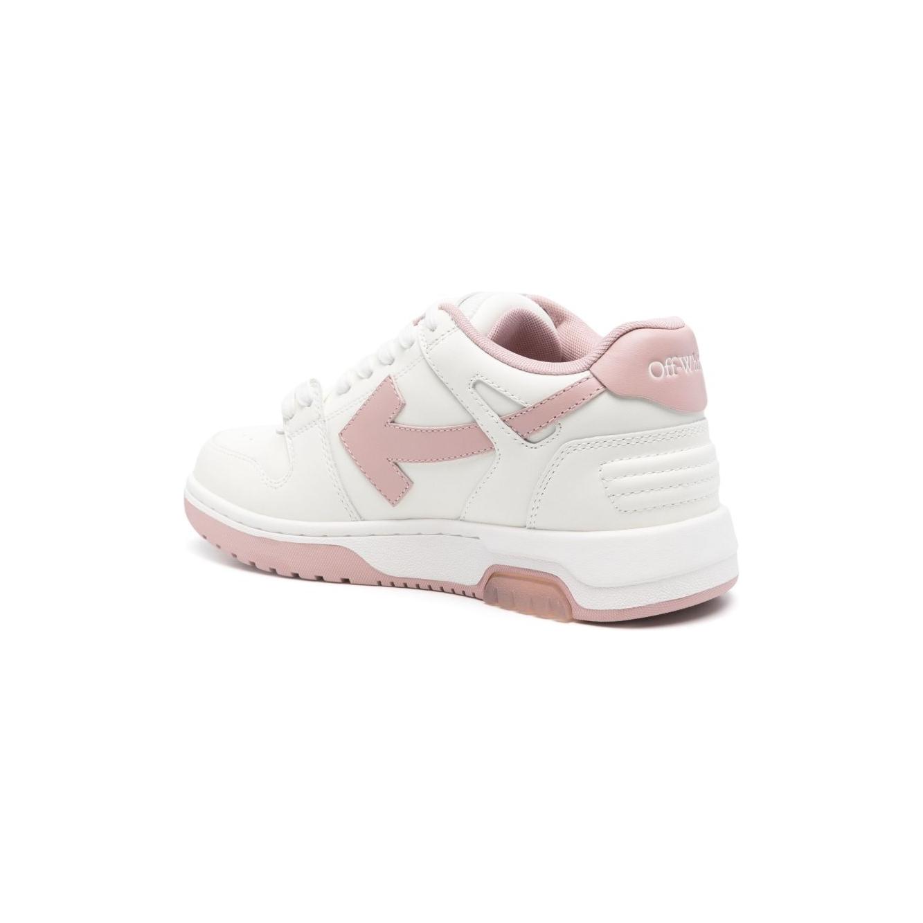 Off White Out Of Office sneakers with white leather, pink Arrows motif, and branded heel counter, featuring 1.2 in heel and 0.4 in platform.