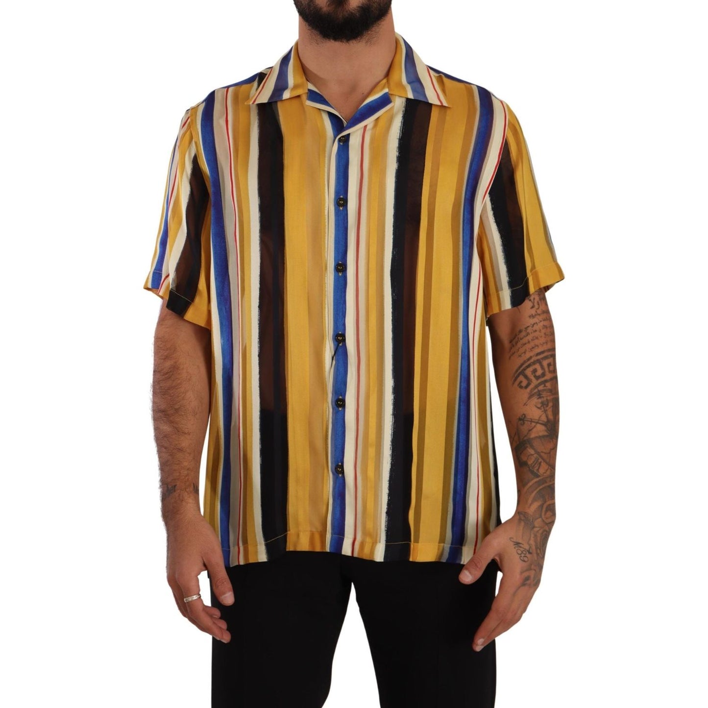 Dolce & Gabbana Yellow Striped Short Sleeve Silk Shirt
