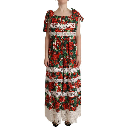 Dolce & Gabbana Multicolor Geranium Print Lace Long Maxi Dress