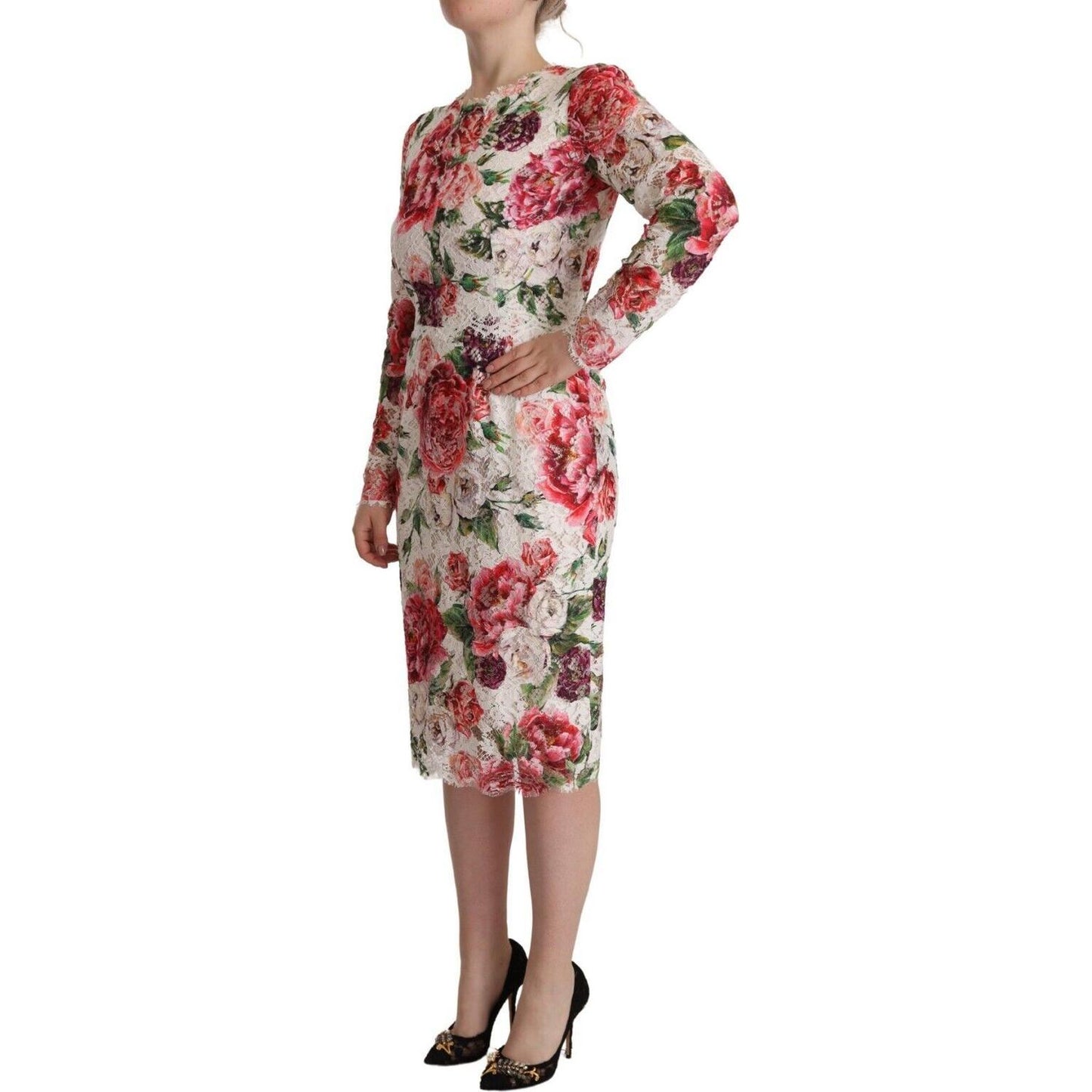 Dolce & Gabbana Elegant Sheath Lace Floral Midi Dress Dolce & Gabbana Rosy Brown