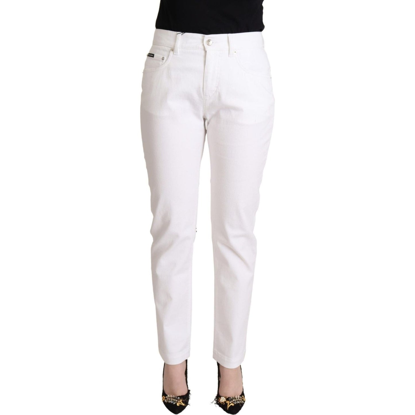 Dolce & Gabbana Chic White Tapered Denim Jeans with Logo Patch Dolce & Gabbana Light Gray