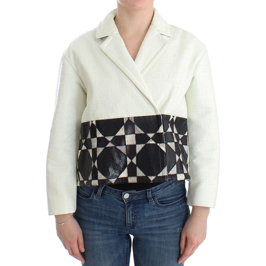 Andrea Pompilio Exclusive Black & White Leather Jacket Coats & Jackets Andrea Pompilio Light Gray