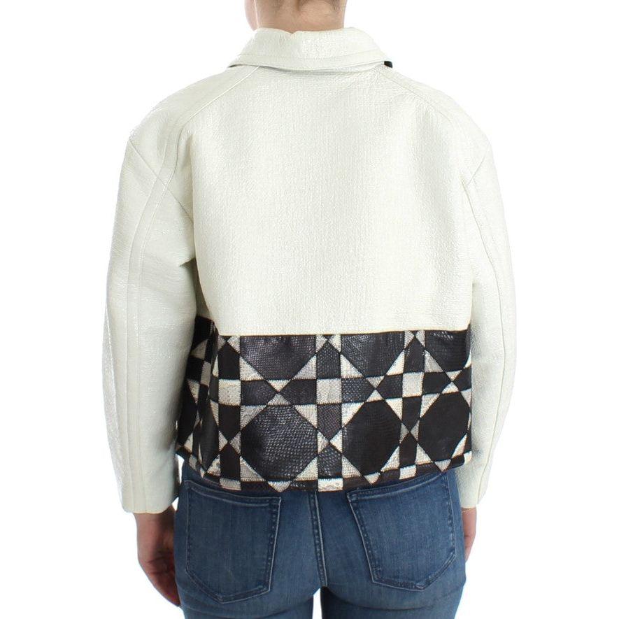 Andrea Pompilio Exclusive Black & White Leather Jacket Coats & Jackets Andrea Pompilio Light Gray