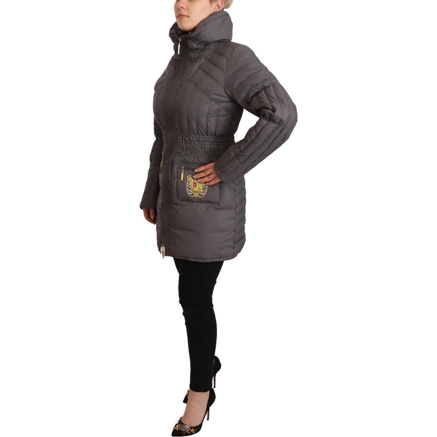 Roccobarocco Elegant Quilted Long Jacket with Logo Patch Roccobarocco Dark Slate Gray