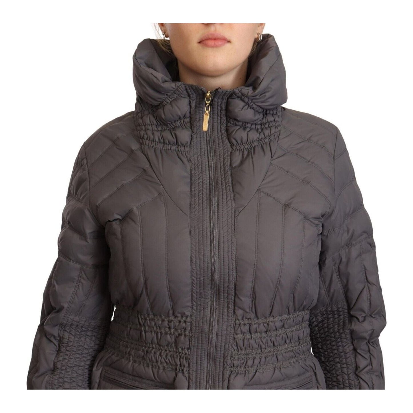 Roccobarocco Elegant Quilted Long Jacket with Logo Patch Roccobarocco Dark Slate Gray