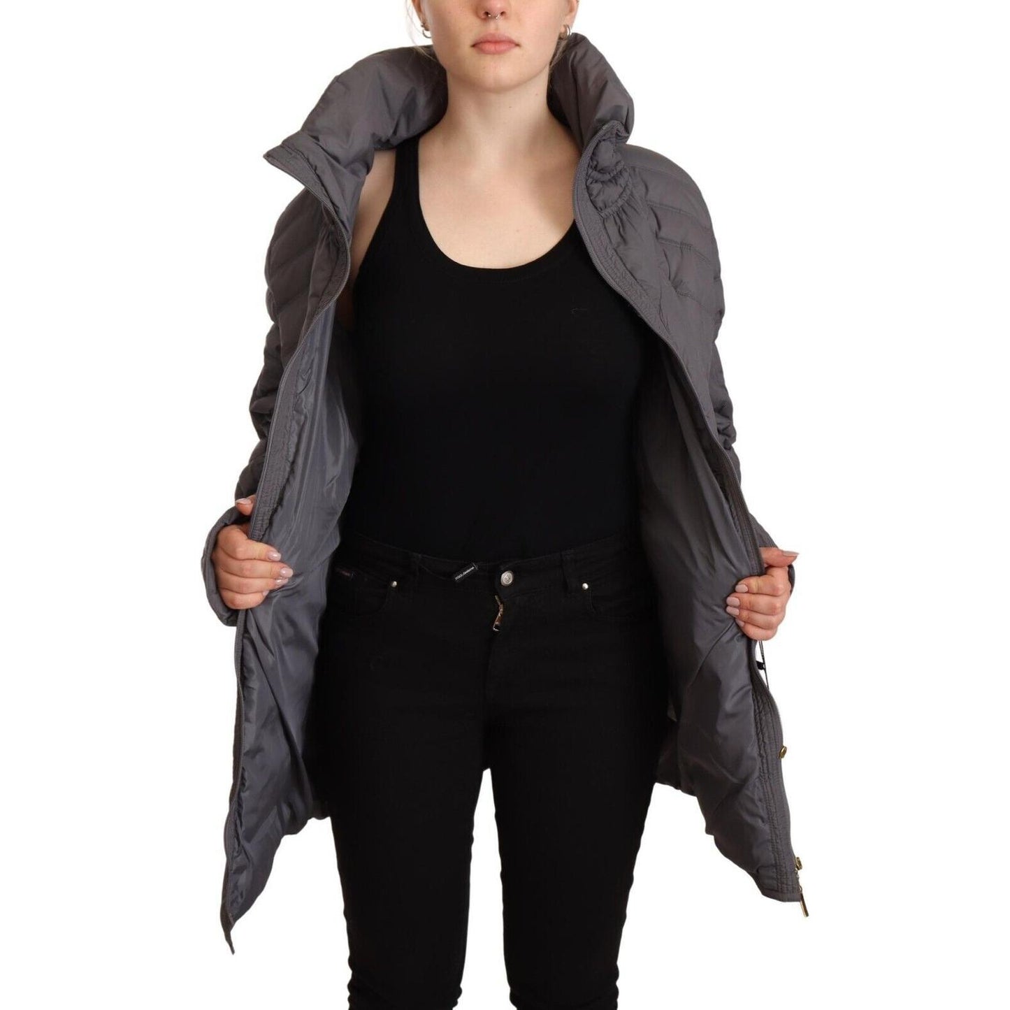 Roccobarocco Elegant Quilted Long Jacket with Logo Patch Roccobarocco Black