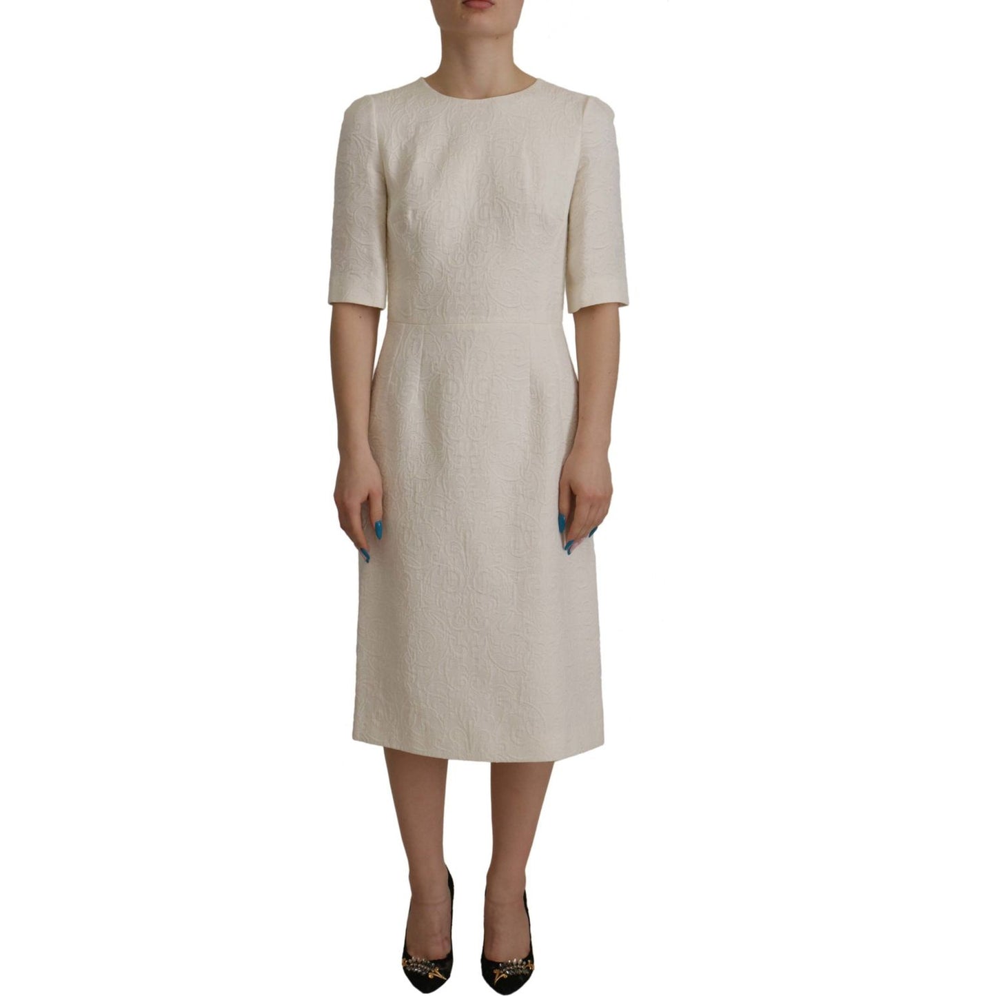 Dolce & Gabbana Exquisite Jacquard Midi Dress in White Dolce & Gabbana Dark Gray