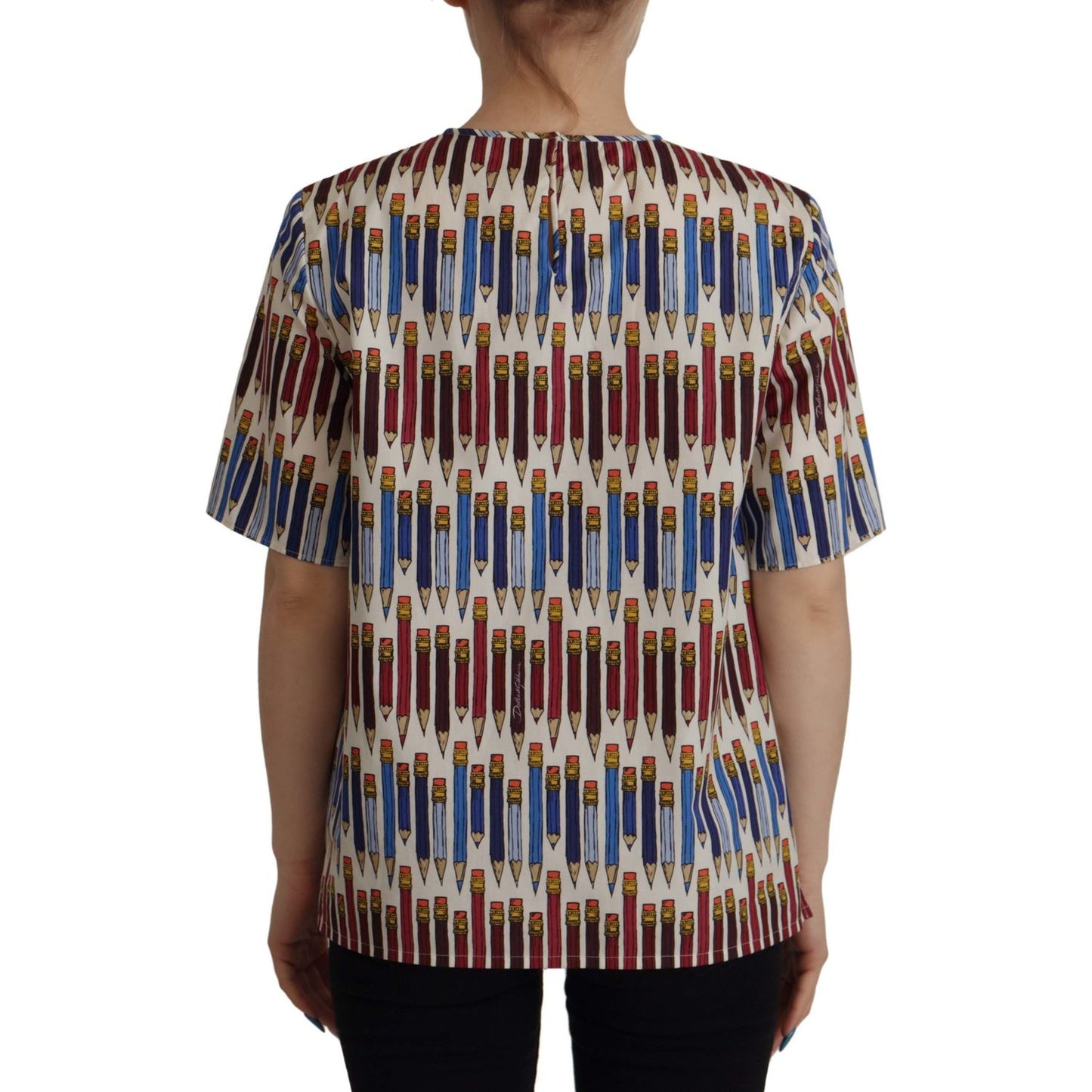 Dolce & Gabbana Chic White Pencil Print Short Sleeve Blouse Dolce & Gabbana Dark Slate Gray