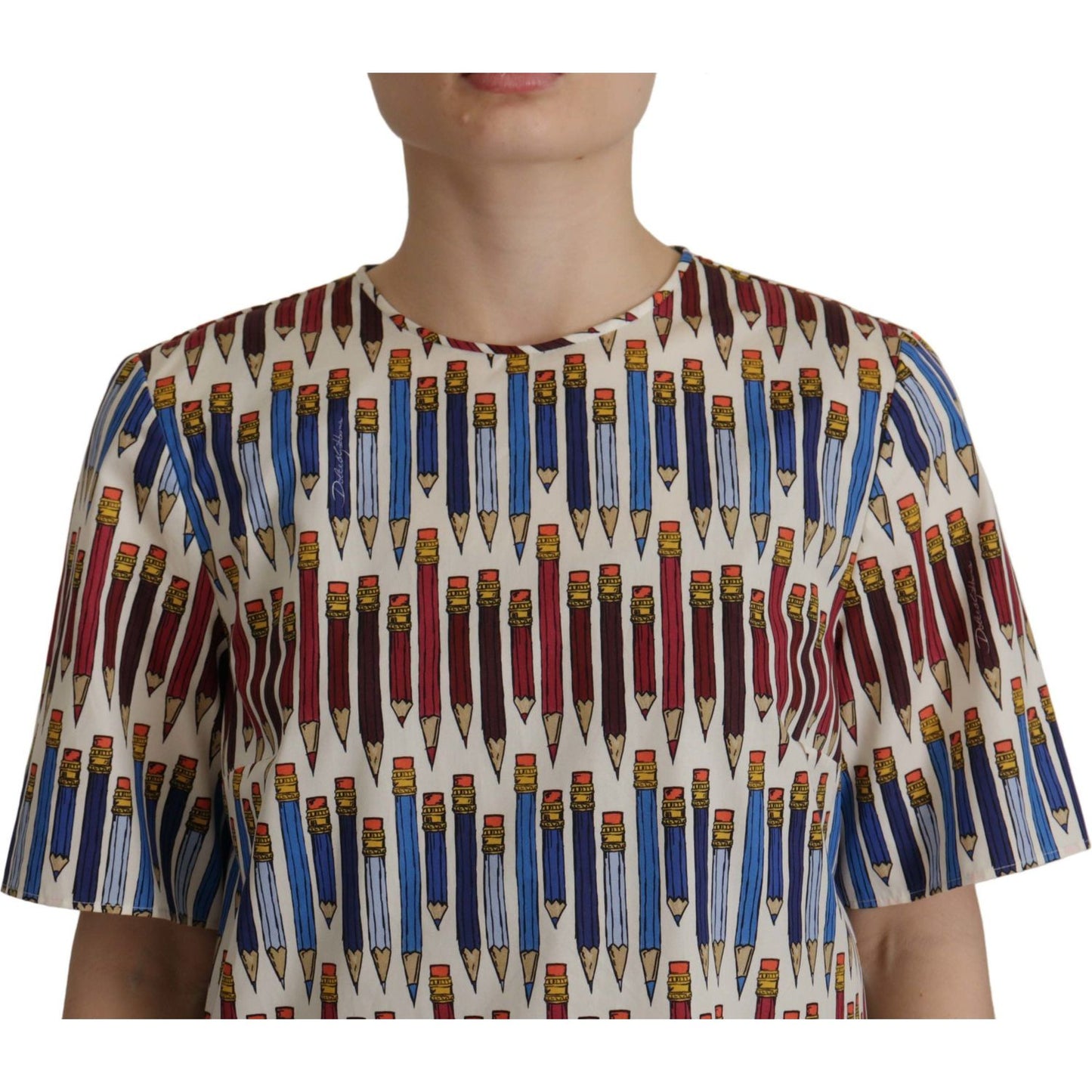 Dolce & Gabbana Chic White Pencil Print Short Sleeve Blouse Dolce & Gabbana Rosy Brown