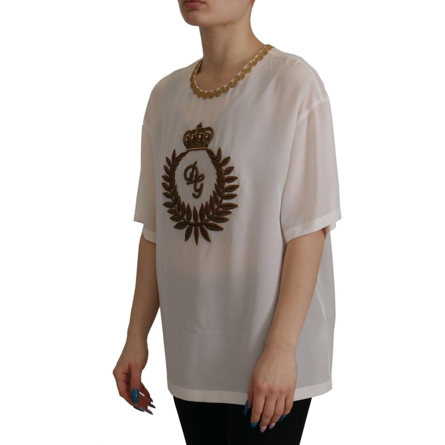 Dolce & Gabbana Elegant Silk Blouse with Gold Crown Embroidery Dolce & Gabbana Slate Gray