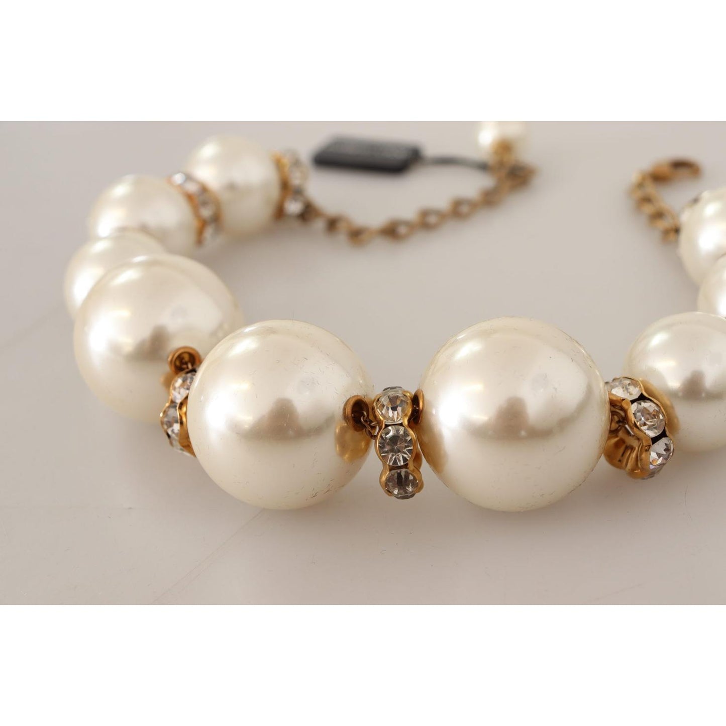 Dolce & Gabbana Elegant Faux Pearl Charm Necklace with Crystal Accents Necklace Dolce & Gabbana Gray